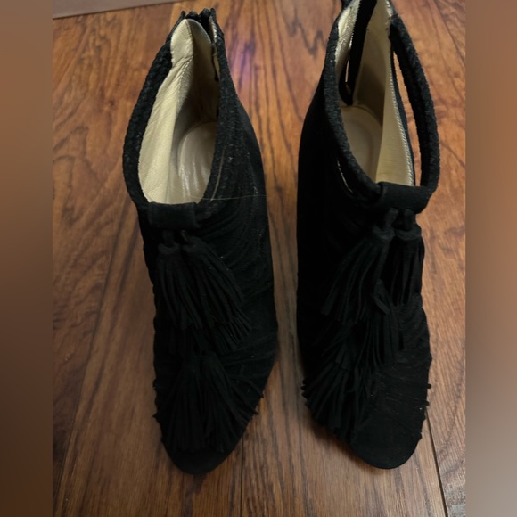 JIMMY CHOO Black Suede Ankle Bootie Pumps w/ Fringe Tassels - Picture 2 of 6